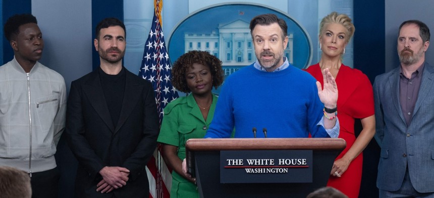Toheeb Jimoh, Brett Goldstein, White House Press Secretary Karine Jean-Pierre, Hannah Waddingham, and Brendan Hunt look on as Jason Sudeikis speaks during the White House daily briefing on March 20, 2023. The cast of “Ted Lasso” met with President Biden to discuss the importance of addressing mental health to promote overall well-being.&nbsp;
